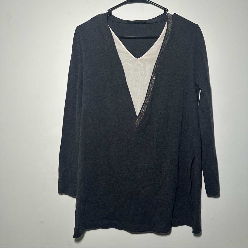 Fabiana Filippi Silk Long Sleeve V-Neck Embellishment Blouse Size XS